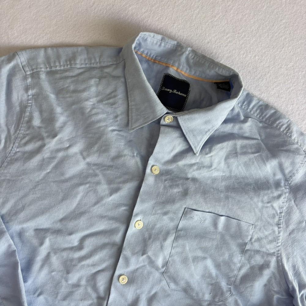 Tommy Bahama Linen Blend Shirt Men's L Blue Button Up Long Sleeve Marlin Logo